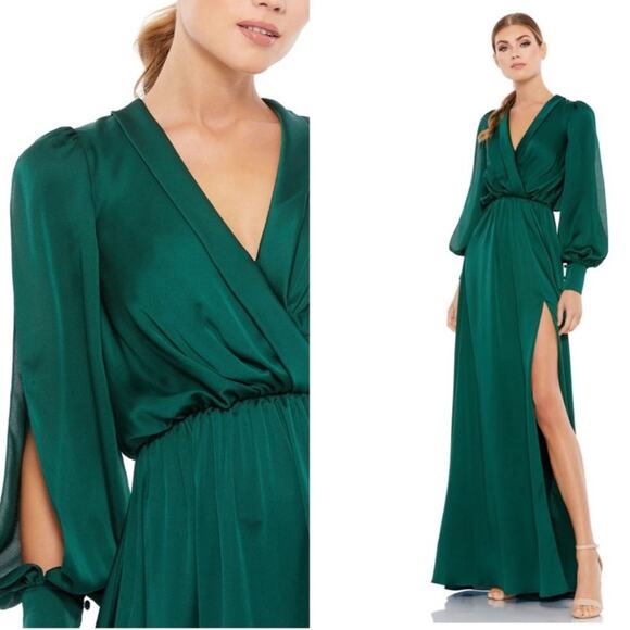 NWT MAC DUGGAL 49146 Deep Green Bishop Sleeve Faux Wrap Maxi Tie Waist Gown - Picture 1 of 11
